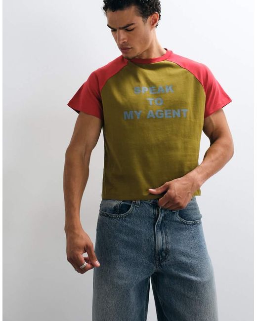 Reclaimed Vintage Green Raglan Slogan T-shirt for men
