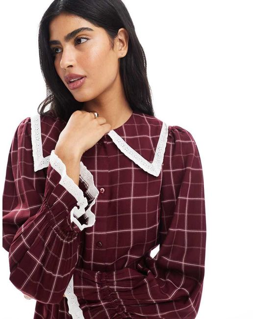 Wednesday's Girl Red Grid Check Collar Detail Mini Dress