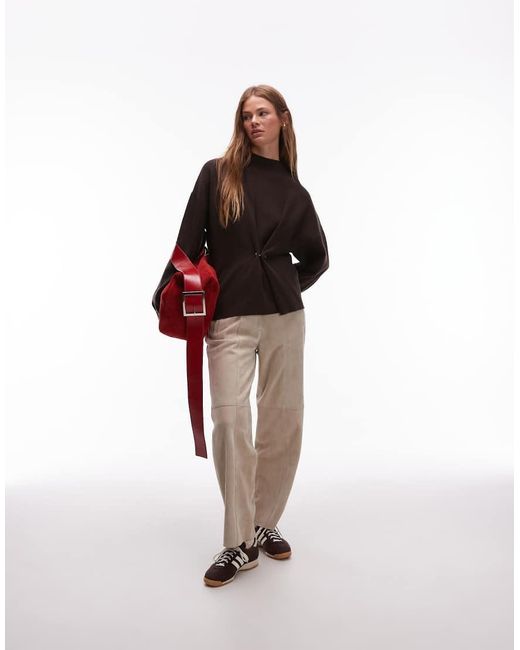 & Other Stories Brown Compact Knit Sweater With Asymmetric Gathered Faux Amber Stone Detail