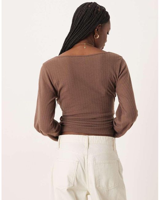 ASOS Brown Brushed Rib Wrap Detail Long Sleeve Top