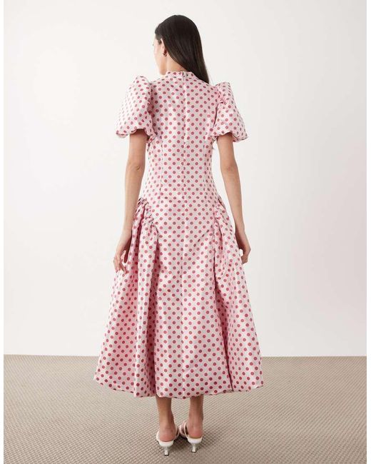 Sister Jane Pink Dream Polka Dot Jacquard Puff Sleeve Bubble Hem Midi Dress