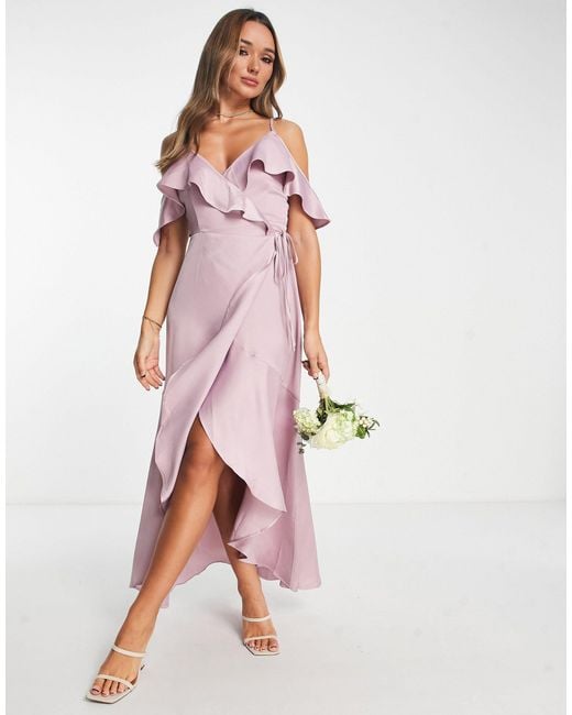 TFNC London Pink Bridesmaid Off Shoulder Ruffle Sleeve Maxi Dress