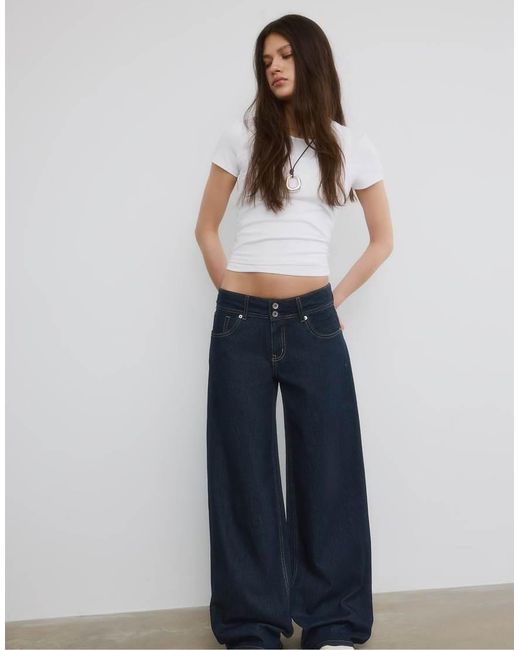 Stradivarius Blue Low-waist Double-button Jeans