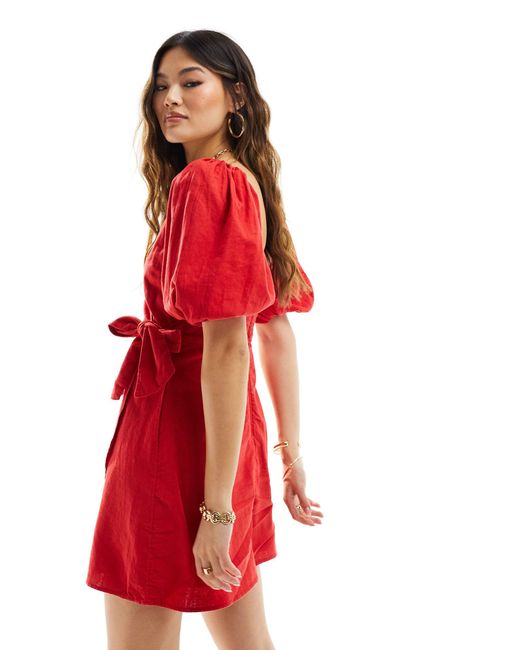 Robe portefeuille en lin mélangé avec manches ange Abercrombie & Fitch en coloris Red