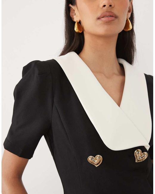 Sister Jane Black Hearts Contrast Oversized Contrast Collar Heart Button-Up Top