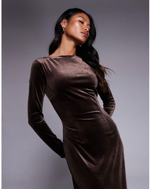 TFNC London Brown Modest Long Sleeved Maxi Dress With Slash Neck