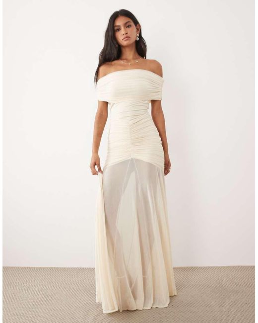 JW PEI Natural Bridal Mesh Ruched Off Shoulder Sheer Drop Hem Maxi Dress