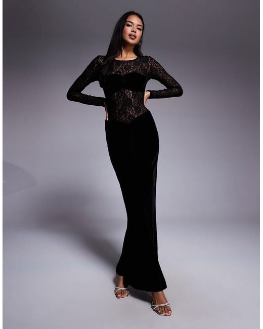 Bardot Helenie Velour Lace Maxi Dress in Black | Lyst
