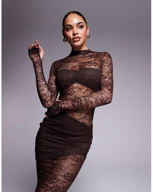 Wanderdoll Brown Britney High Neck Lace Bodysuit And Drape Detail Maxi Skirt Set