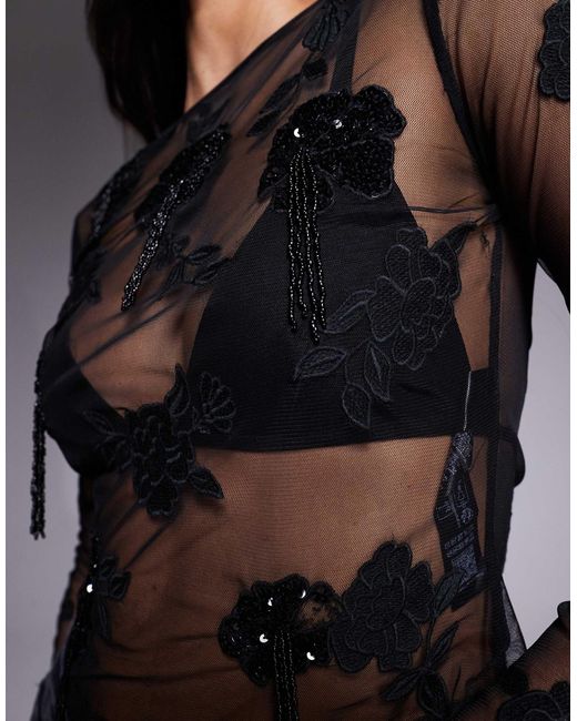 ASOS Blue Embroidered Sequin Floral Mesh Long Sleeve Top With Drip Bead Detail