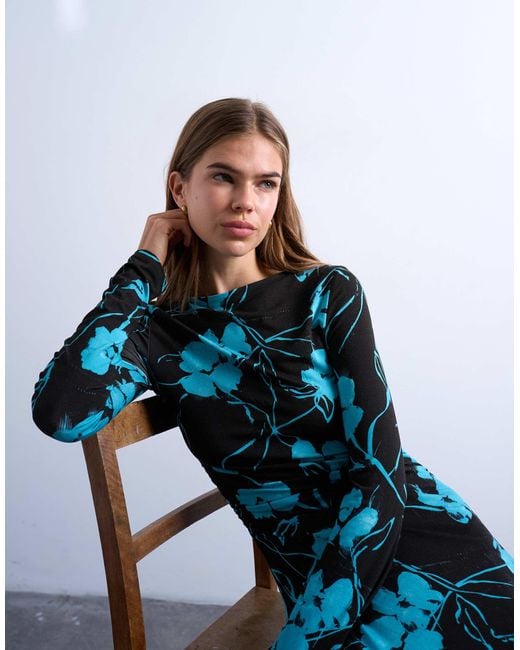 TOPSHOP Blue Floral Print Slash Neck Long Sleeve Maxi Dress
