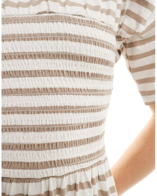 Vestido midi estilo camiseta a rayas color crema y topo con pecho fruncido ASOS de color White