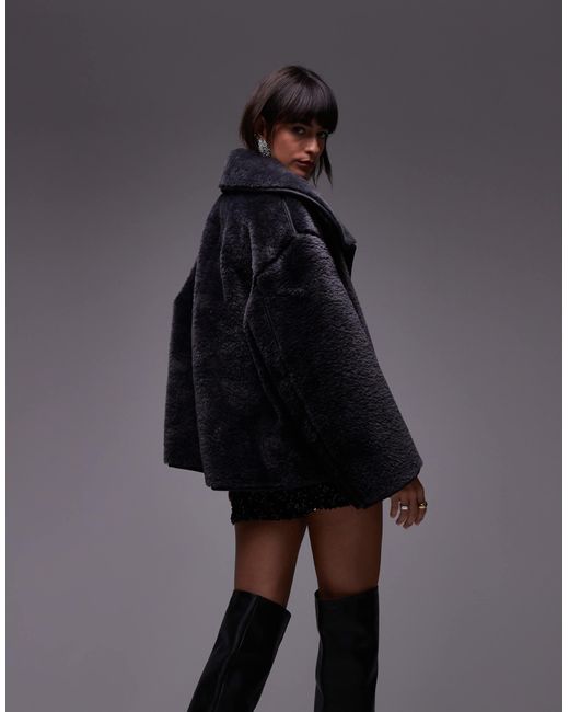 ARKET Gray Oversized Faux Shearling Jacket With Funnel Neck And Contrast Edging