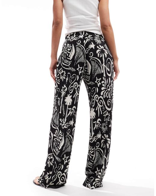 Vero Moda White – plissee-hose mit hohem bund, weitem bein und tropischem muster
