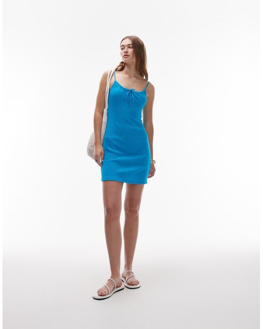 TOPSHOP Blue Crinkle Tie Front Mini Dress