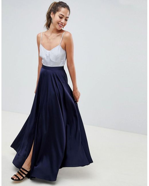 Asos Satin Maxi Skirt With Center Front Split In Navy Blue Lyst