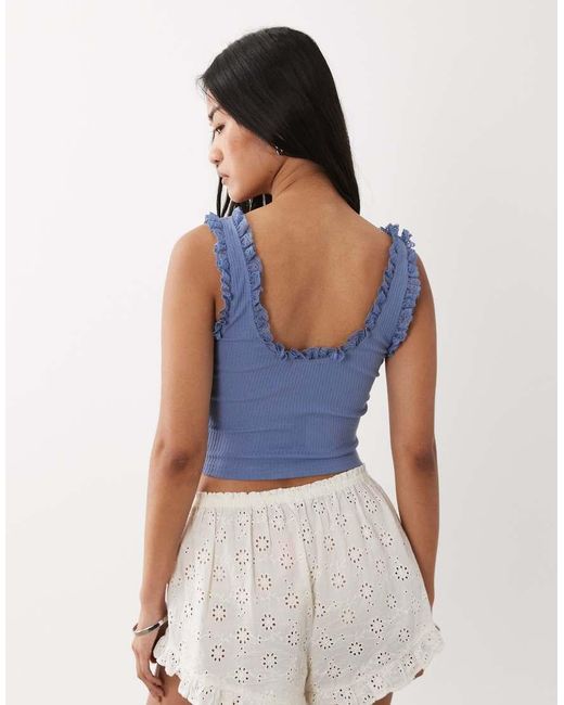 Miss Selfridge Blue Ribbed Vest Top With Lace Detail