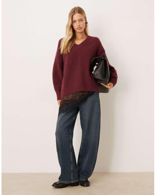 Abercrombie & Fitch Red Knitted V Neck Oversized Jumper
