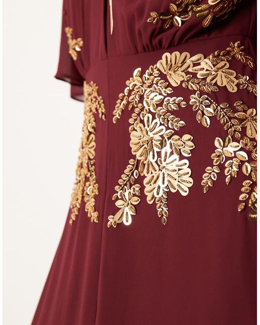 Hope & Ivy Red V-neck Embellished Maxi Dress