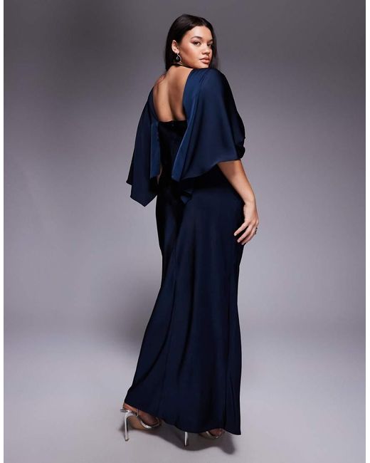 ASOS Blue Asos Design Curve Satin Ruffle Cape Sleeve Maxi Dress With Open Back Detail And High Split