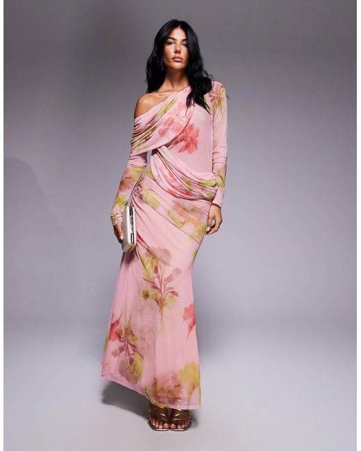 ASOS Pink Long Sleeve Slouchy Bardot Mesh Mix Maxi Dress