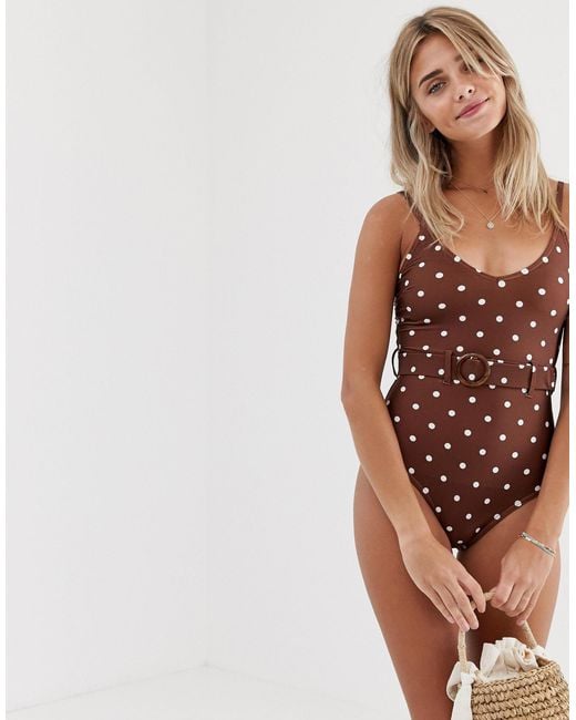 New Look Brown Polka Dot Belted Swimsuit