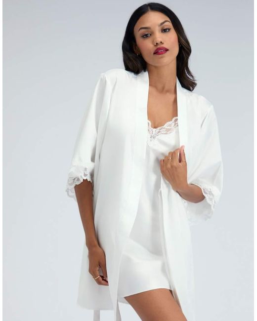 Boux Avenue White Amelia Matte Satin Short Robe Lace Trim Comfy Nightwear