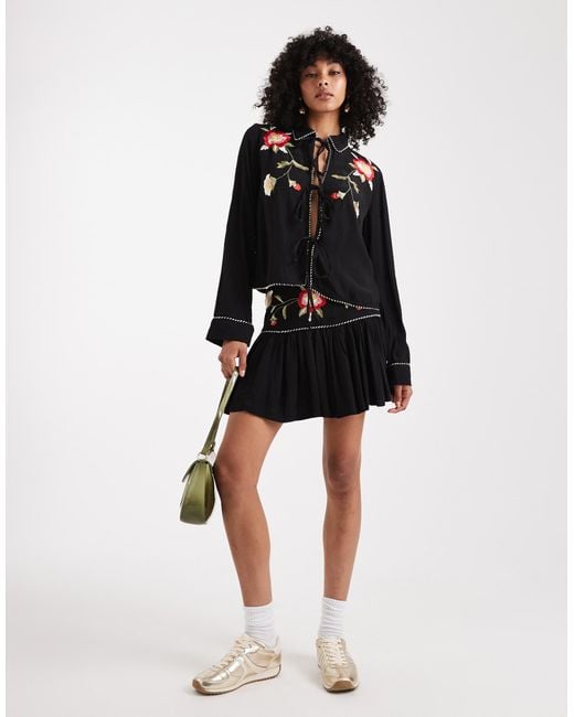 ASOS Black Tie Front Embroidery Detail Co-ord Top