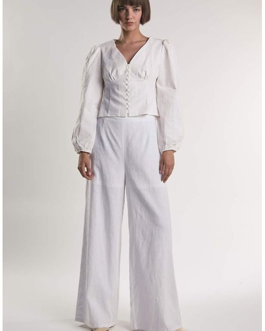 Glamorous White Long Sleeve Button Front V-Neck Blouse