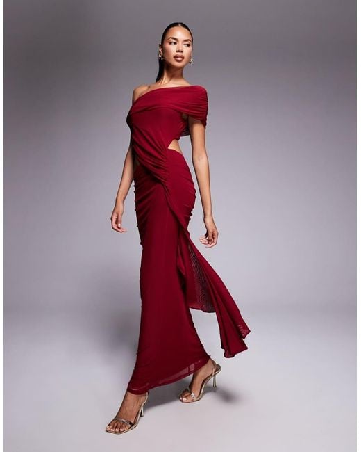 ASOS Gerimpelde Midi-Jurk Van Mesh Met Blote Schouders En Sjerp Met Ruches in het Red