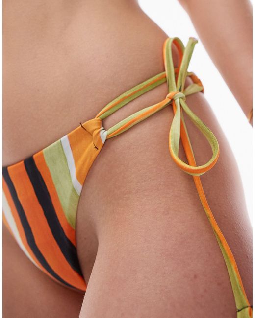 TOPSHOP Orange Stripe Print Bikini Bottom With Side Ties