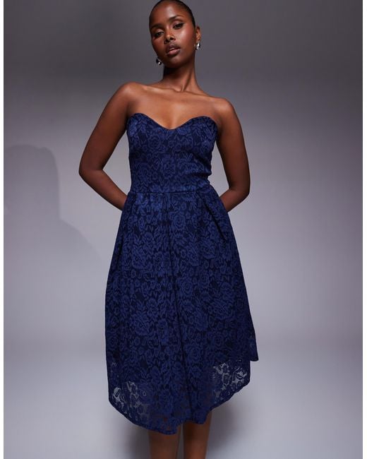 Vesper Blue Bengaline Lace Overlay Bandeau Sweetheart Neckline Pleat Hem Detail Midi Dress