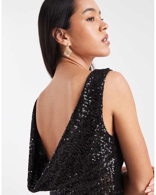 Collusion Black Cowl Back Slash Neck Sequin Top