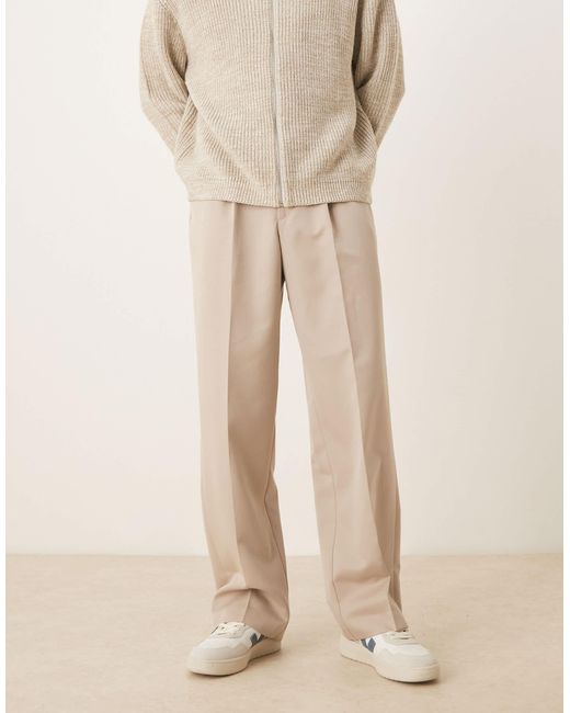 ASOS Natural Wide Leg Dress Pants With Front Pleats for men