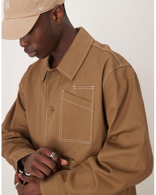 ASOS Brown Boxy Oversized Worker Jacket With Contrast Stitch for men
