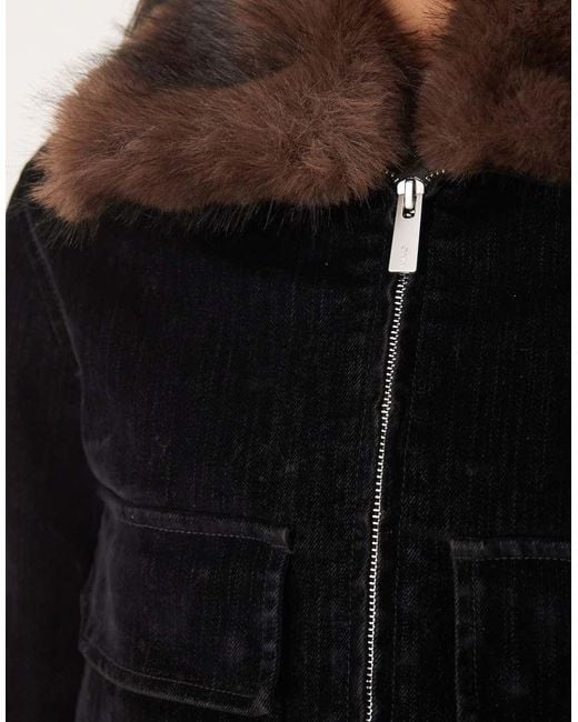 Mango Black Denim Jacket With Faux Fur Collar