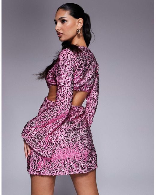 ASOS Purple Sequin Angel Sleeve Mini Dress With Cut Outs And Knot Detail