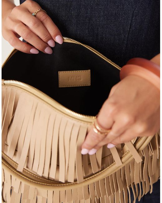Grand sac à main en cuir à franges et détails dorés - sable Mango en coloris Multicolor