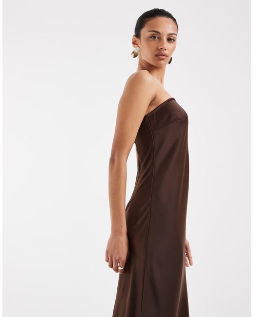 Object Brown Bandeau Satin Maxi Dress