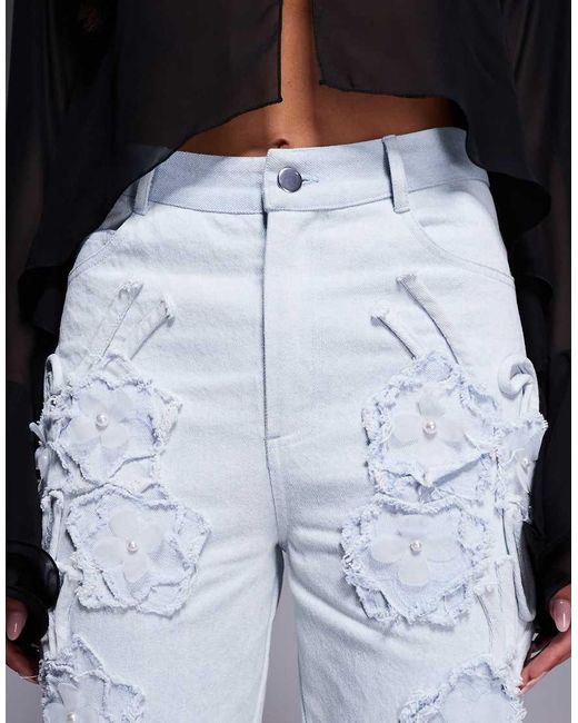 ASOS Blue Denim Pearl Embellished Cornellli Jeans With Organza Flowers