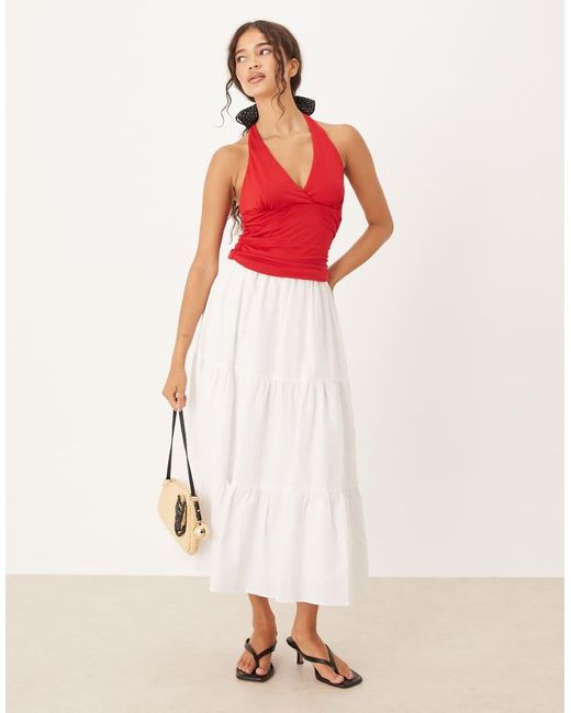 Top Fruncido Con Cuello Halter De Mango de color Red
