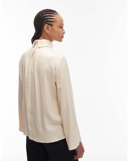 ASOS Natural Funnel Neck Satin Blouse With Pleats