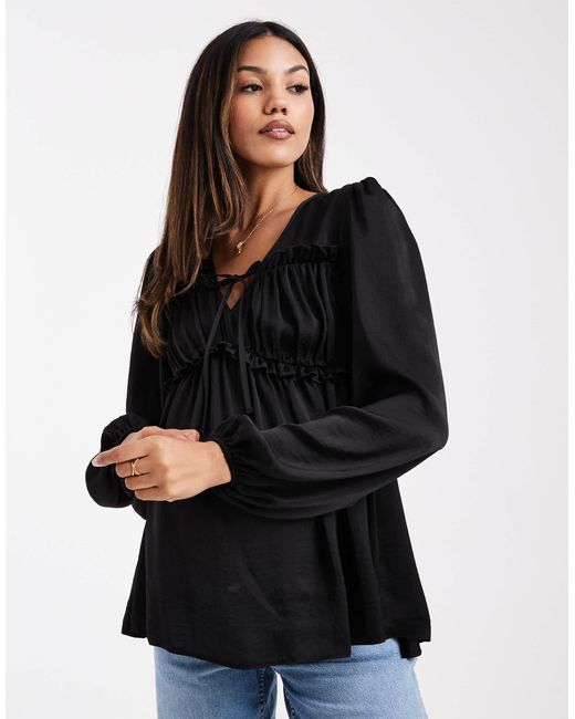 ASOS Black Asos Design Maternity Tie Front Blouse With Ruched Detail