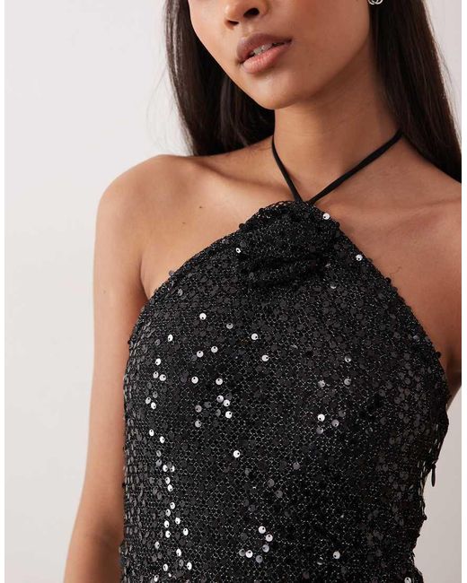 Vila Black Halter Neck Sequin Maxi Dress With Thigh Split