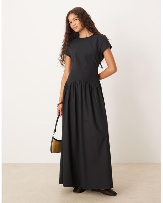 ASOS Black Dropped Waist T Shirt With Tie Detail Maxi Dress