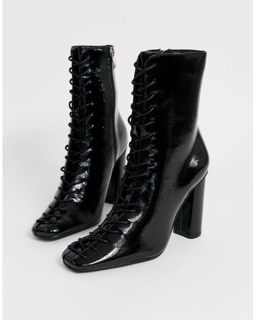 Glamorous Black Patent Lace Up Ankle Boots