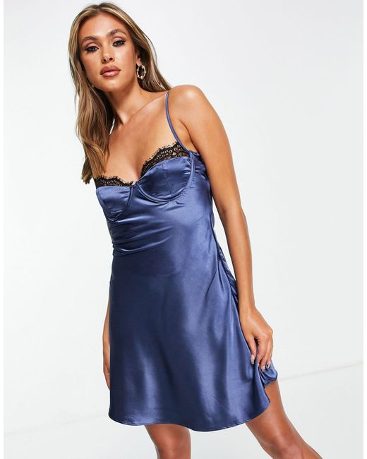 In The Style X Yasmine Chanel Satin Lace Trim Cup Detail Strappy Back Slip  Dress in Blue