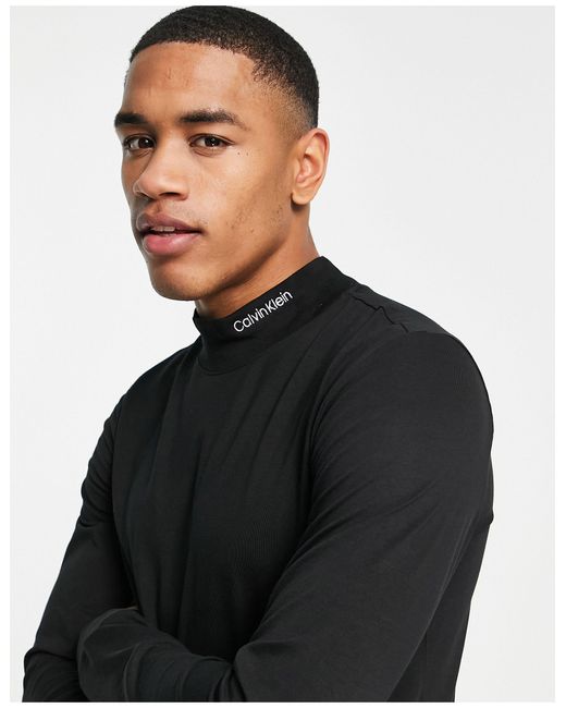 Calvin Klein High Neck Logo Stretch Slim Fit Long Sleeve Top in Black ...