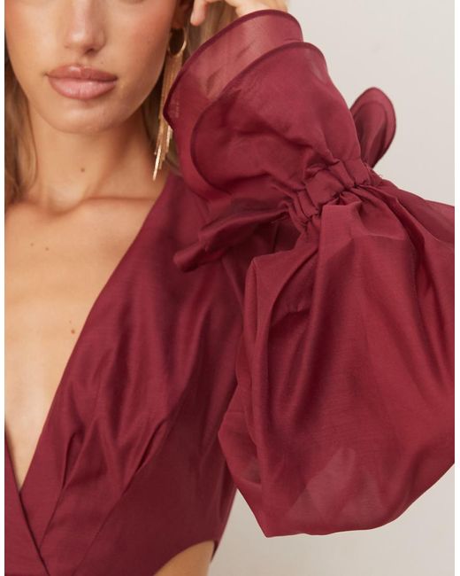 ASOS Red Organza Pleated Mini Dress With Blouson Sleeve And Cuff Detail