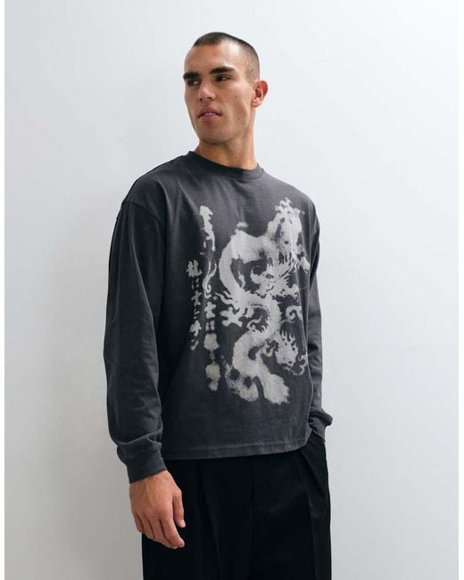 ASOS Blue Oversized Long Sleeve T-Shirt With Dragon Graphic for men